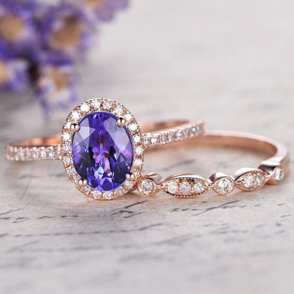 *NEW 18K Rose Gold Amethyst Diamond Halo Ring Set - Picture 2 of 5